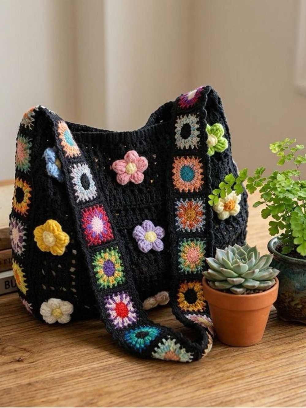 Black Crochet Flower Shoulder Bag with Multicolor Floral Accents
